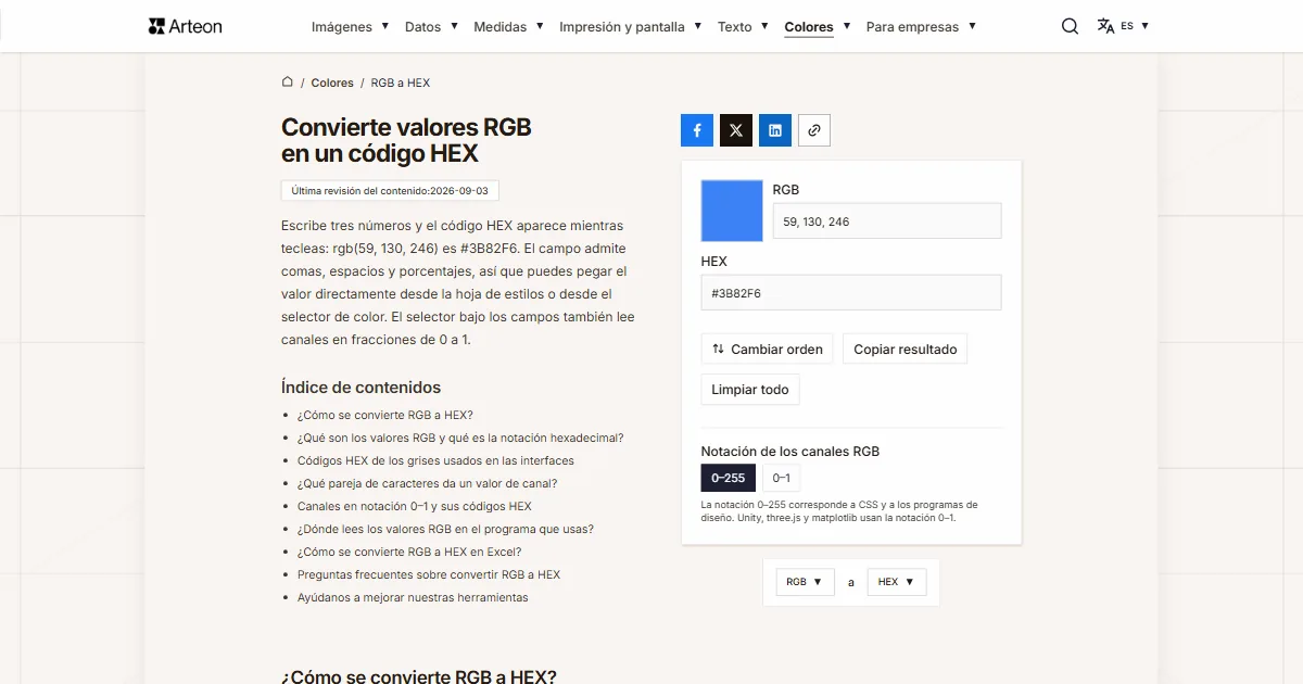Captura de pantalla de la herramienta gratuita de Arteon: Convierte valores RGB en un código HEX