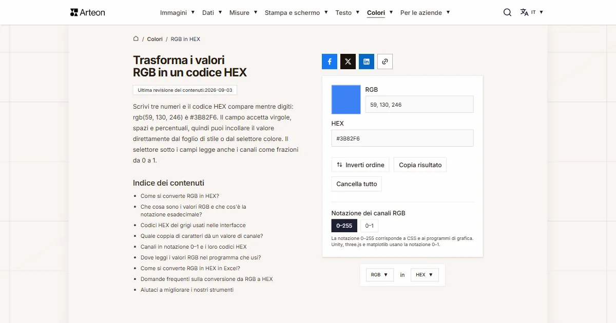 Screenshot dello strumento gratuito Arteon: Trasforma i valori RGB in un codice HEX