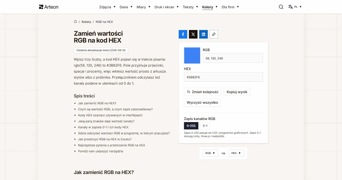 Zrzut ekranu darmowego narzędzia Arteon: Zamień wartości RGB na kod HEX