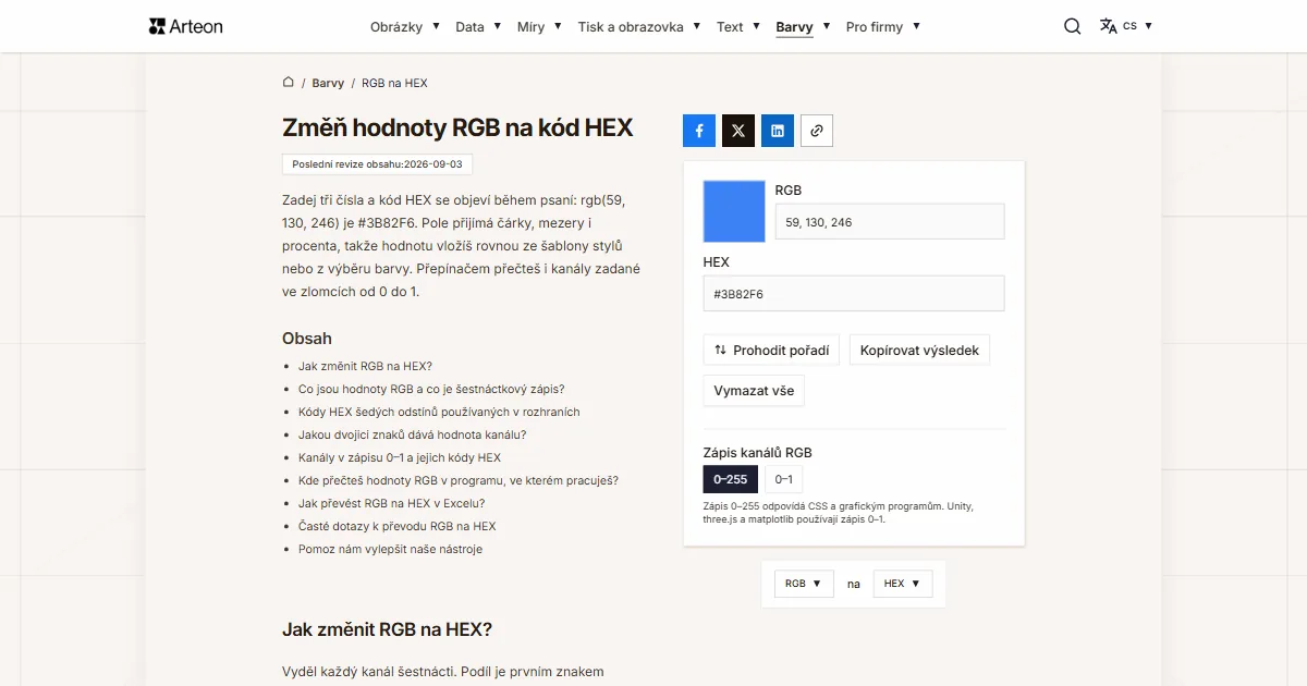 Snímek obrazovky bezplatného nástroje Arteon: Změň hodnoty RGB na kód HEX