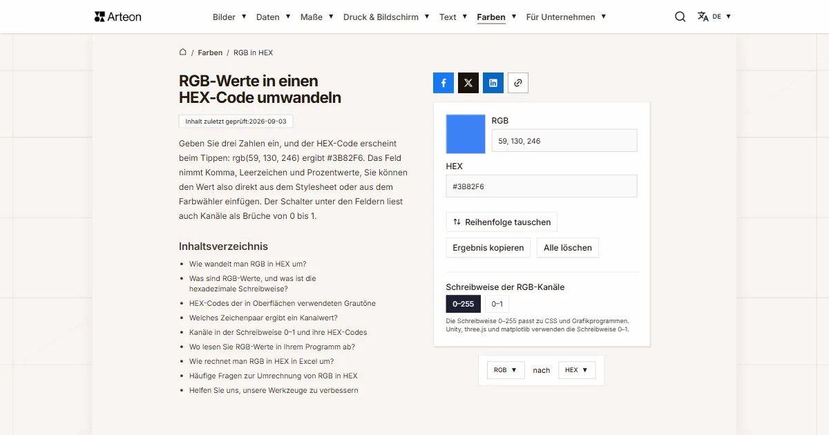 Screenshot des kostenlosen Arteon-Werkzeugs: RGB-Werte in einen HEX-Code umwandeln