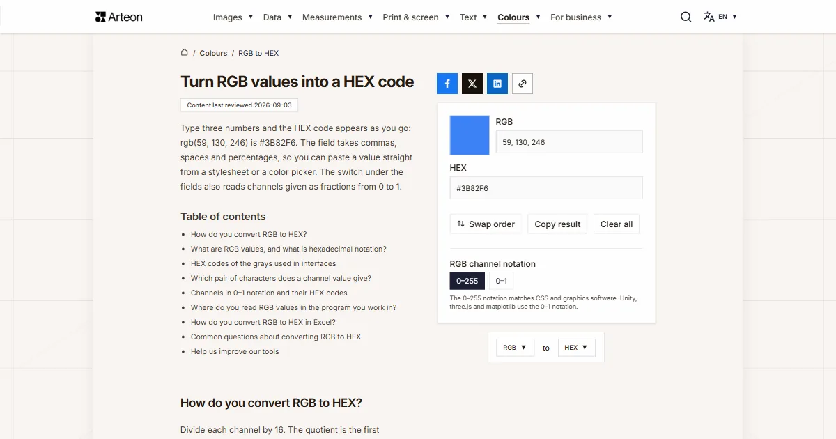 Arteon free tool screenshot: Turn RGB values into a HEX code