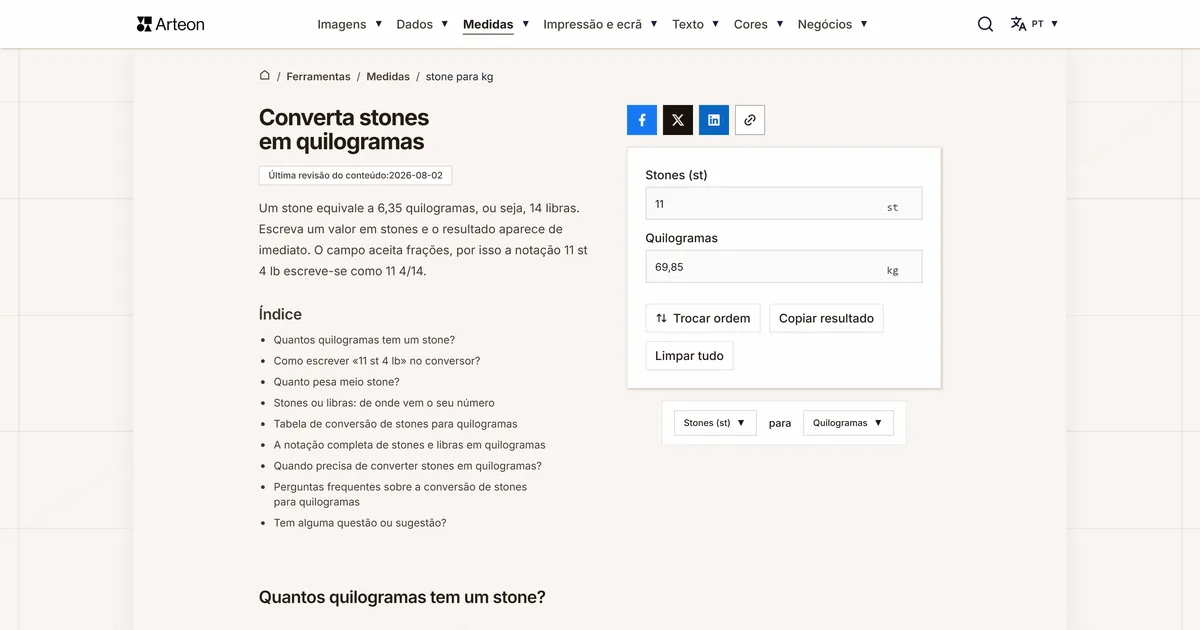 Captura de ecrã da ferramenta gratuita da Arteon: Converta stones em quilogramas