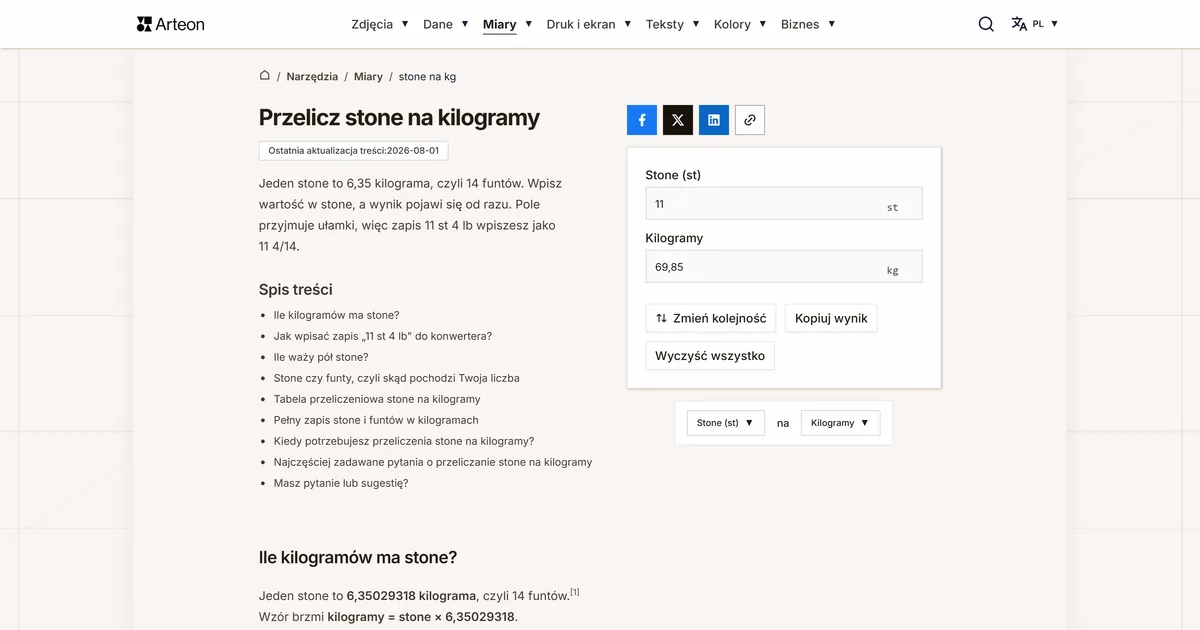 Zrzut ekranu darmowego narzędzia Arteon: Przelicz stone na kilogramy