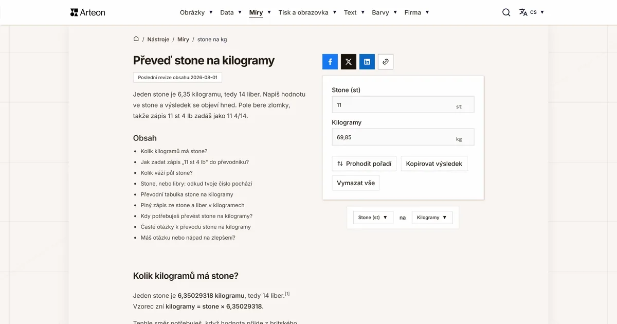 Snímek obrazovky bezplatného nástroje Arteon: Převeď stone na kilogramy