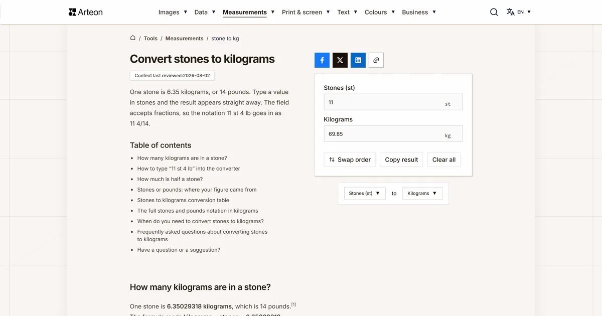 Arteon free tool screenshot: Convert stones to kilograms