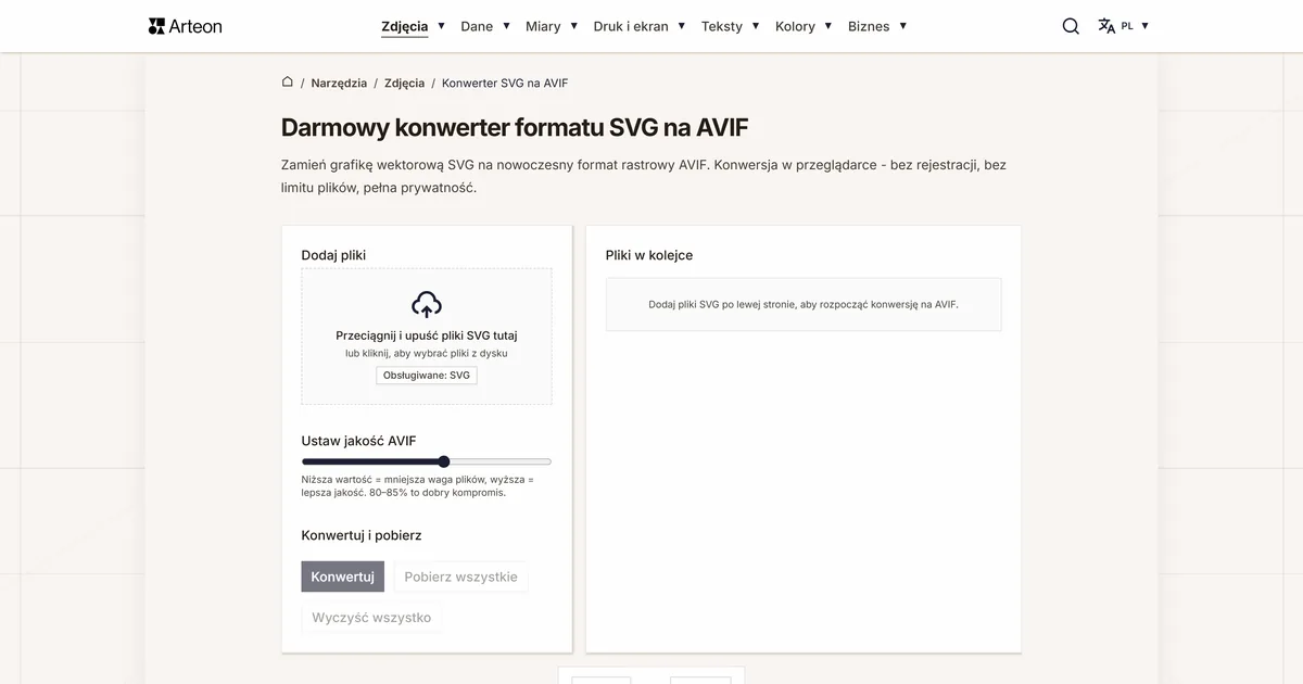 Zrzut ekranu darmowego narzędzia Arteon: Darmowy konwerter formatu SVG na AVIF