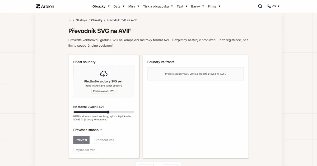 Snímek obrazovky bezplatného nástroje Arteon: Převodník SVG na AVIF