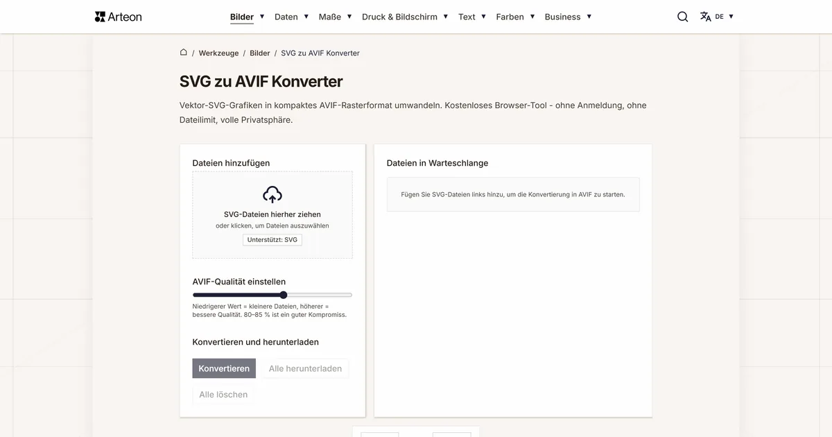 Screenshot des kostenlosen Arteon-Werkzeugs: SVG zu AVIF Konverter