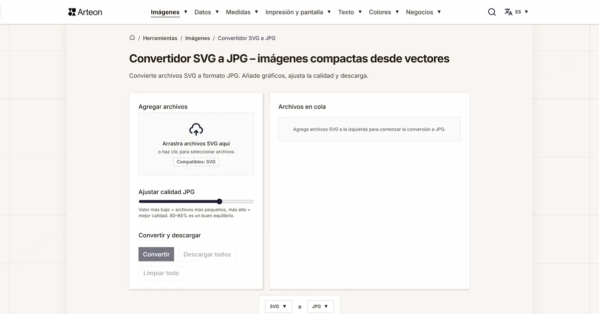 Captura de pantalla de la herramienta gratuita de Arteon: Convertidor SVG a JPG – imágenes compactas desde vectores