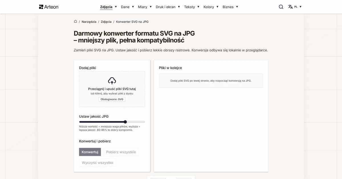 Zrzut ekranu darmowego narzędzia Arteon: Darmowy konwerter formatu SVG na JPG – mniejszy plik, pełna kompatybilność