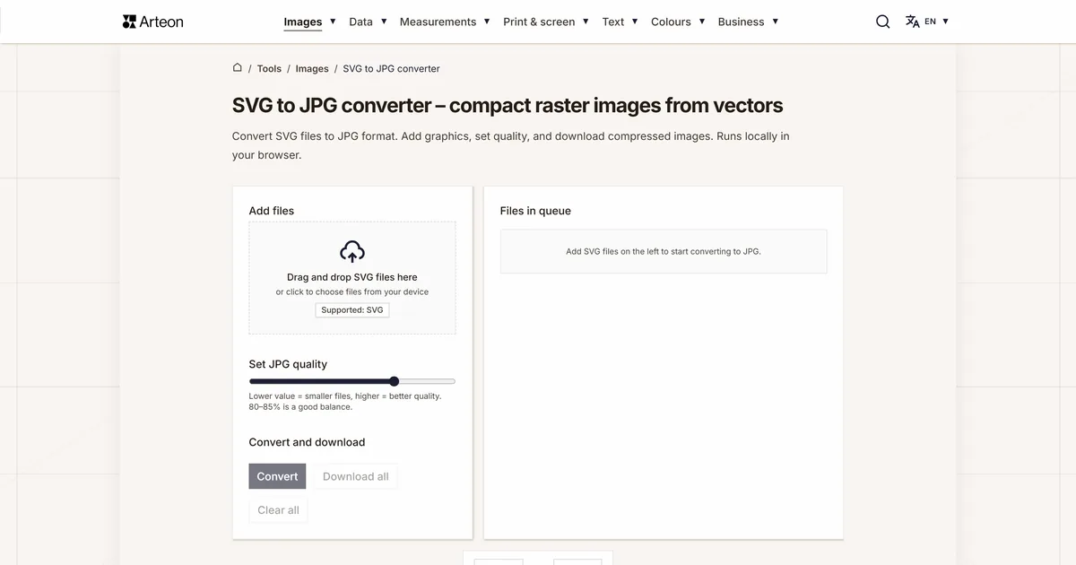 Arteon free tool screenshot: SVG to JPG converter – compact raster images from vectors
