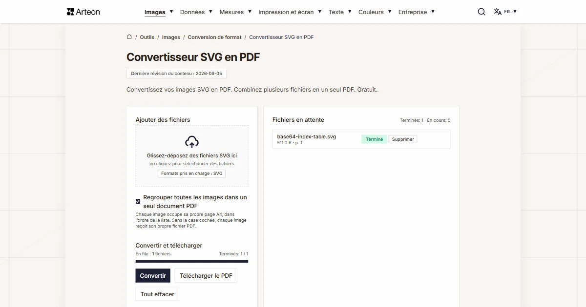 Capture d'écran de l'outil gratuit d'Arteon: Convertisseur SVG en PDF