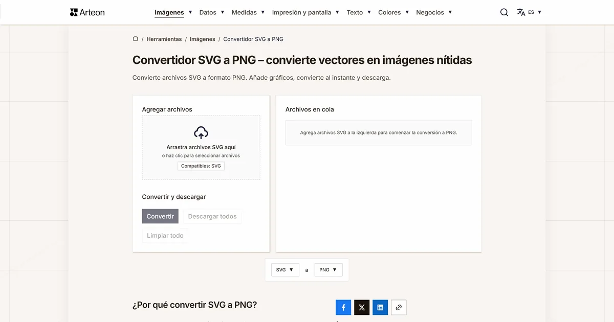 Captura de pantalla de la herramienta gratuita de Arteon: Convertidor SVG a PNG – convierte vectores en imágenes nítidas