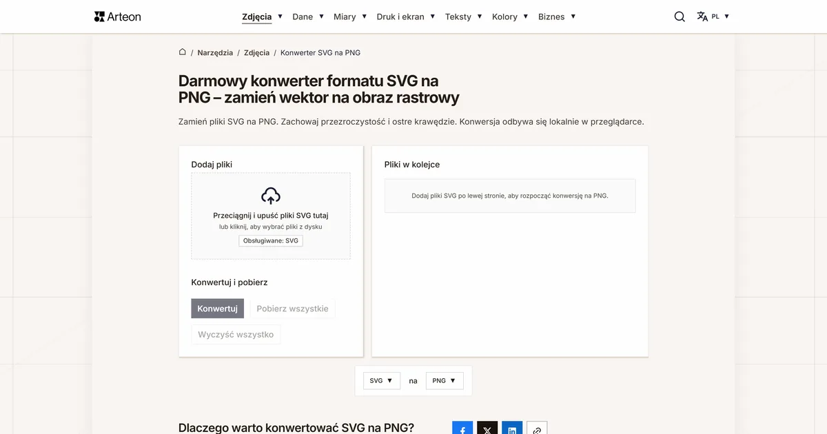 Zrzut ekranu darmowego narzędzia Arteon: Darmowy konwerter formatu SVG na PNG – zamień wektor na obraz rastrowy