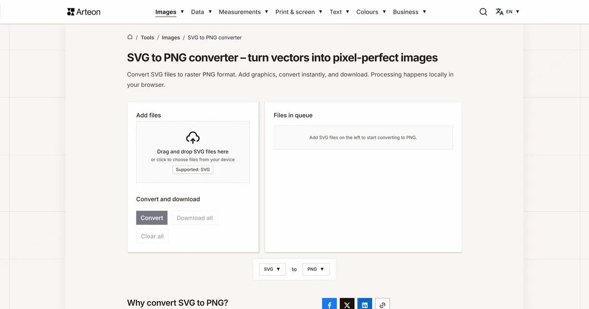 Arteon free tool screenshot: SVG to PNG converter – turn vectors into pixel-perfect images