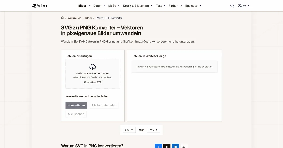 Screenshot des kostenlosen Arteon-Werkzeugs: SVG zu PNG Konverter – Vektoren in pixelgenaue Bilder umwandeln