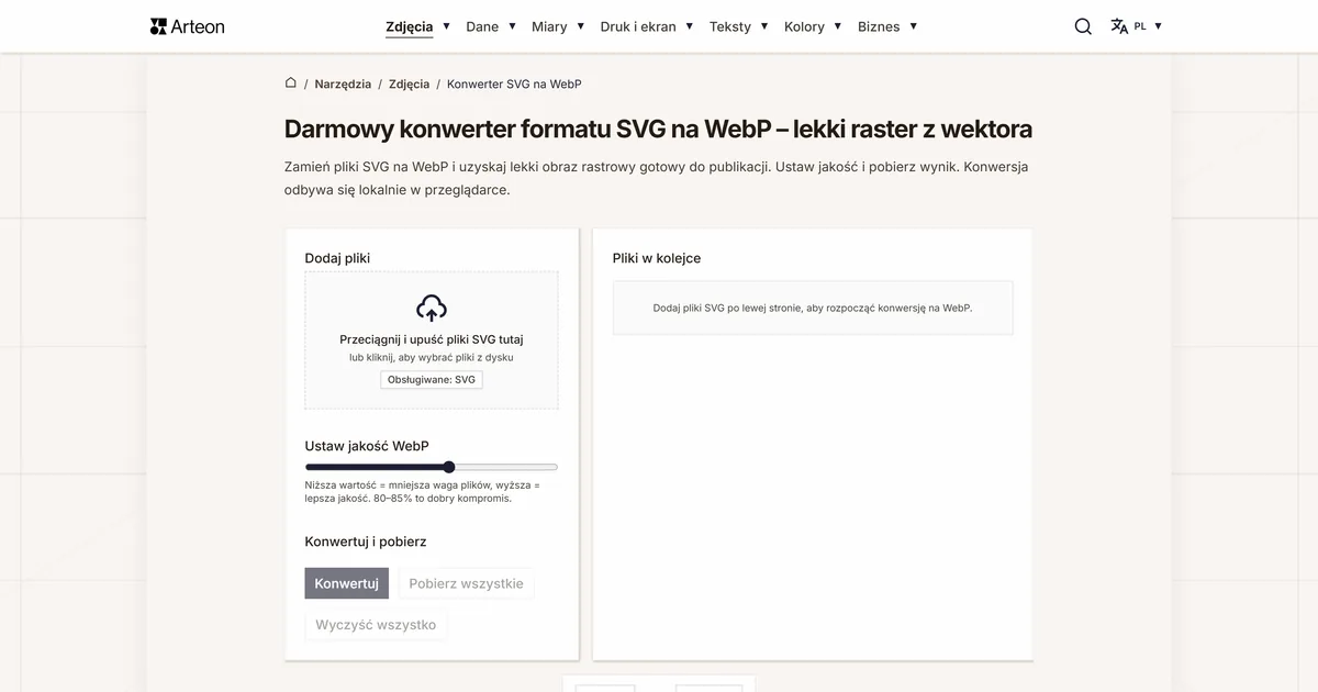 Zrzut ekranu darmowego narzędzia Arteon: Darmowy konwerter formatu SVG na WebP – lekki raster z wektora