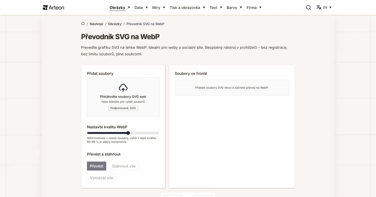 Snímek obrazovky bezplatného nástroje Arteon: Převodník SVG na WebP