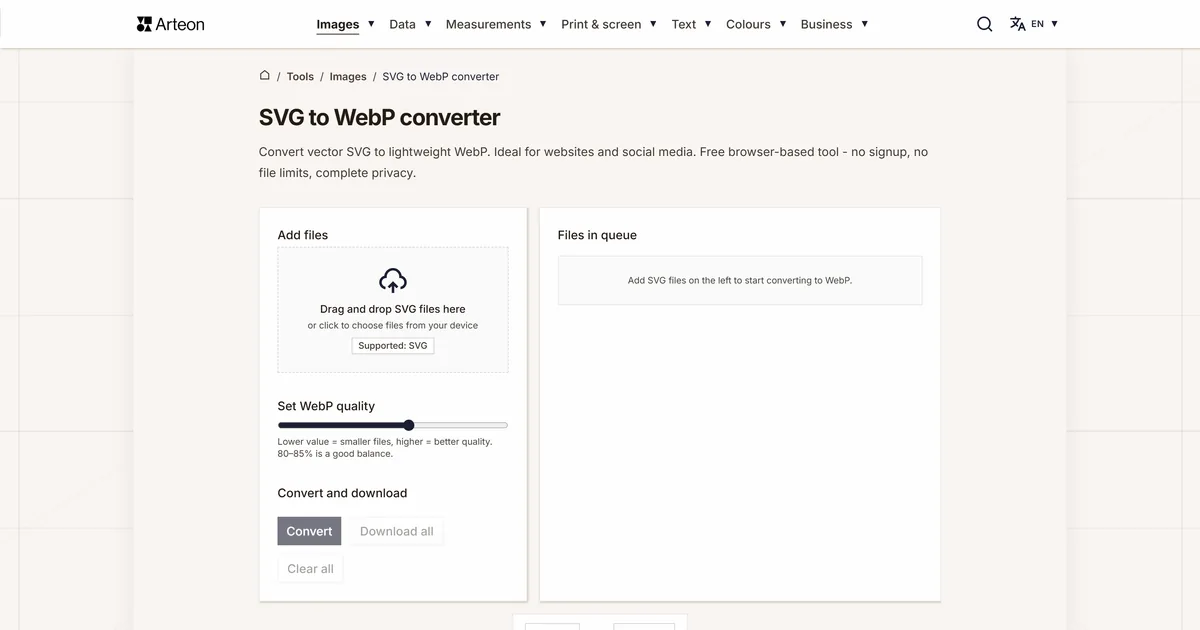 Arteon free tool screenshot: SVG to WebP converter