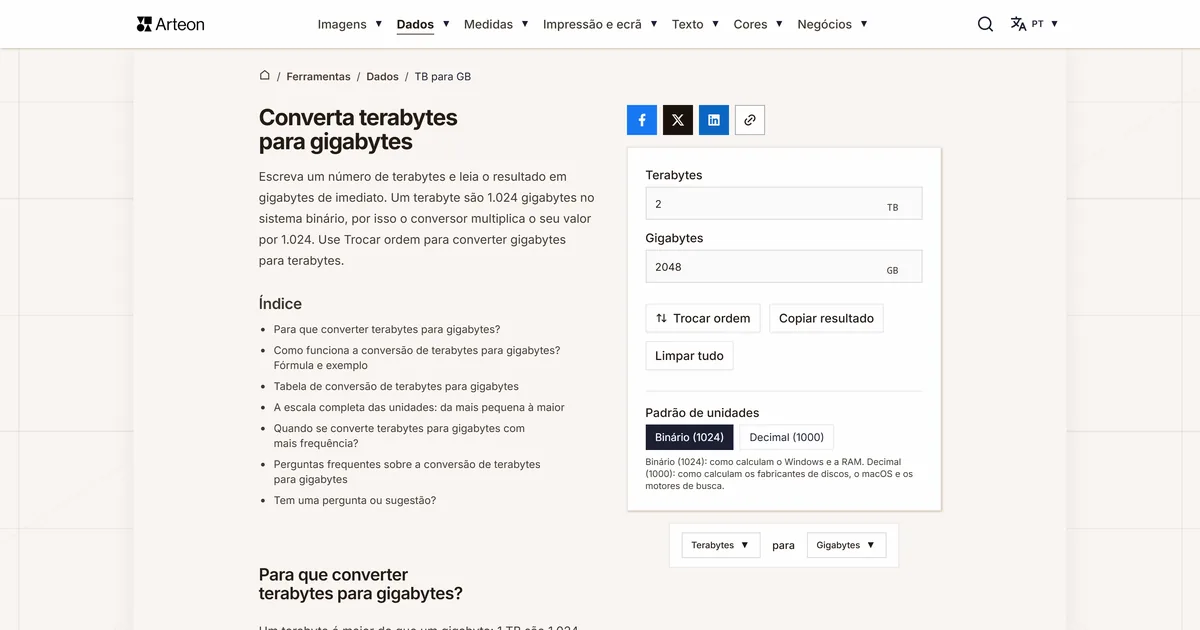 Captura de ecrã da ferramenta gratuita da Arteon: Converta terabytes para gigabytes
