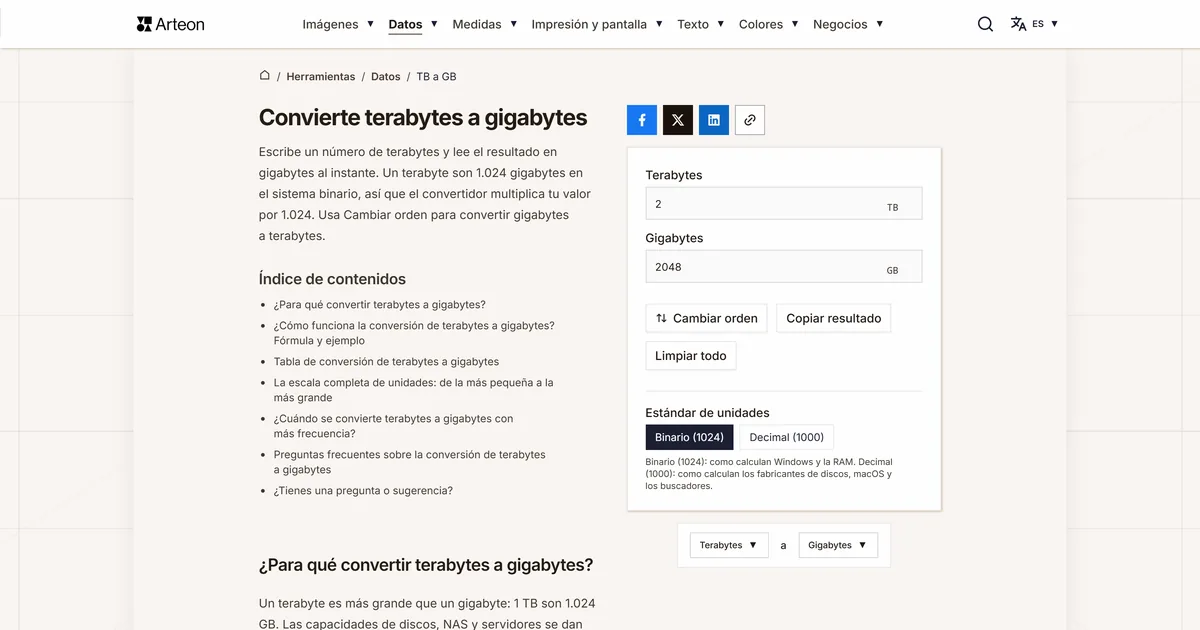 Captura de pantalla de la herramienta gratuita de Arteon: Convierte terabytes a gigabytes