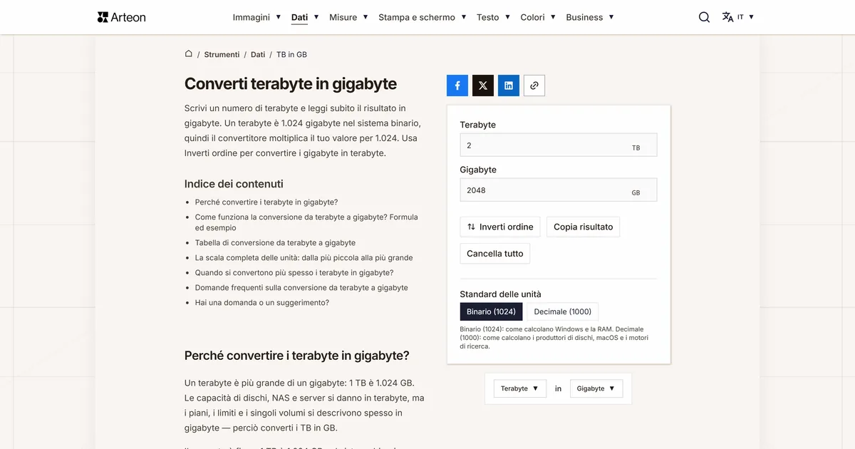 Screenshot dello strumento gratuito Arteon: Converti terabyte in gigabyte