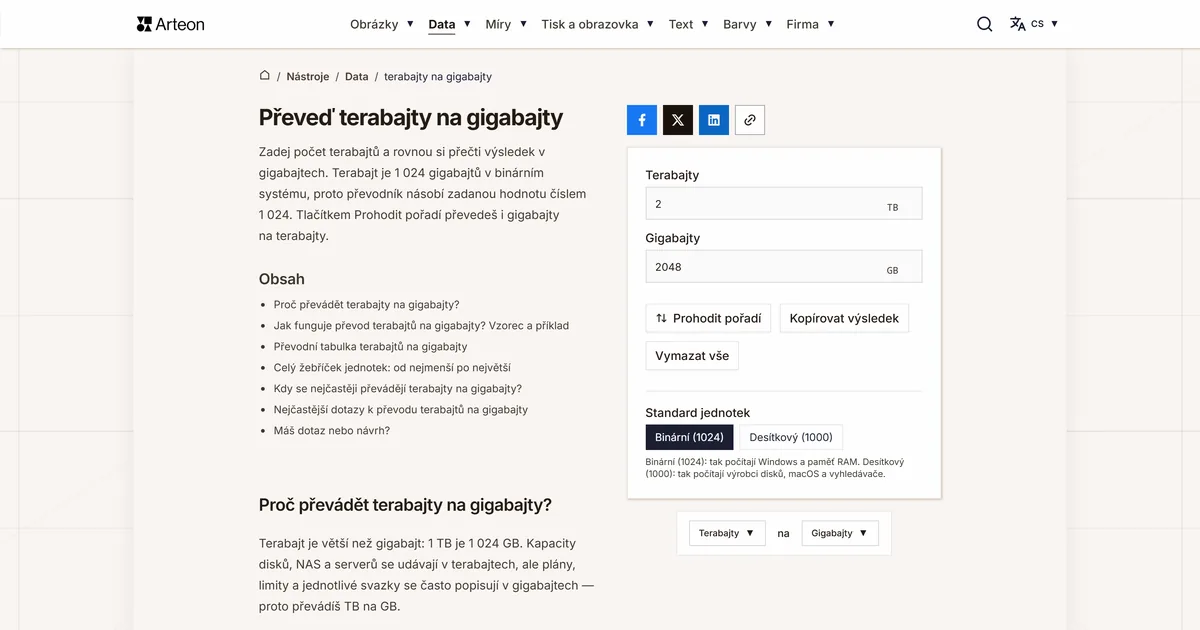 Snímek obrazovky bezplatného nástroje Arteon: Převeď terabajty na gigabajty