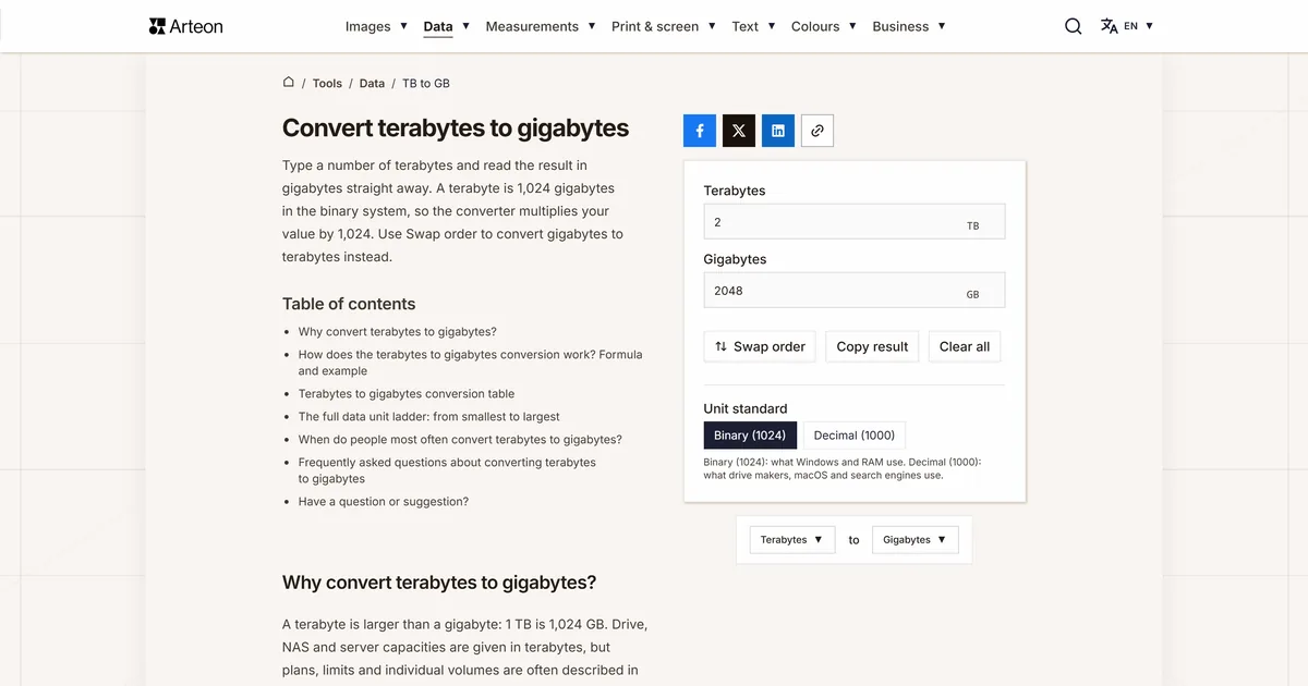 Arteon free tool screenshot: Convert terabytes to gigabytes