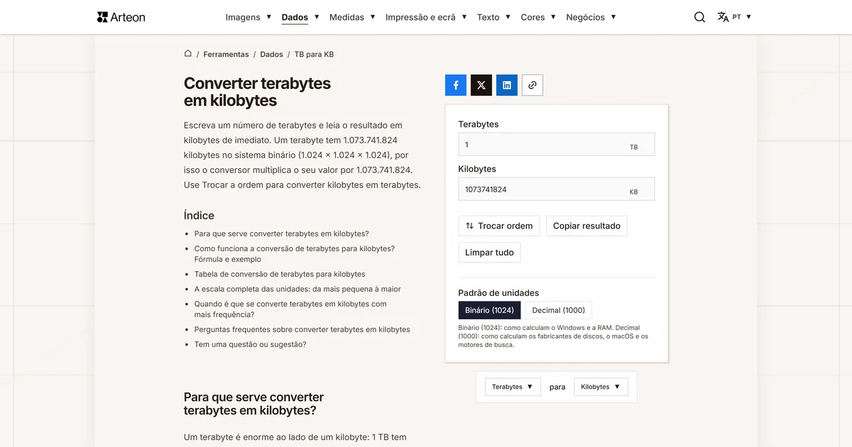 Captura de ecrã da ferramenta gratuita da Arteon: Converter terabytes em kilobytes