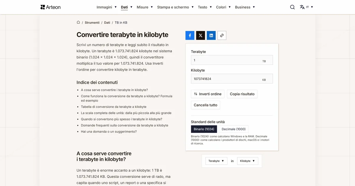 Screenshot dello strumento gratuito Arteon: Convertire terabyte in kilobyte