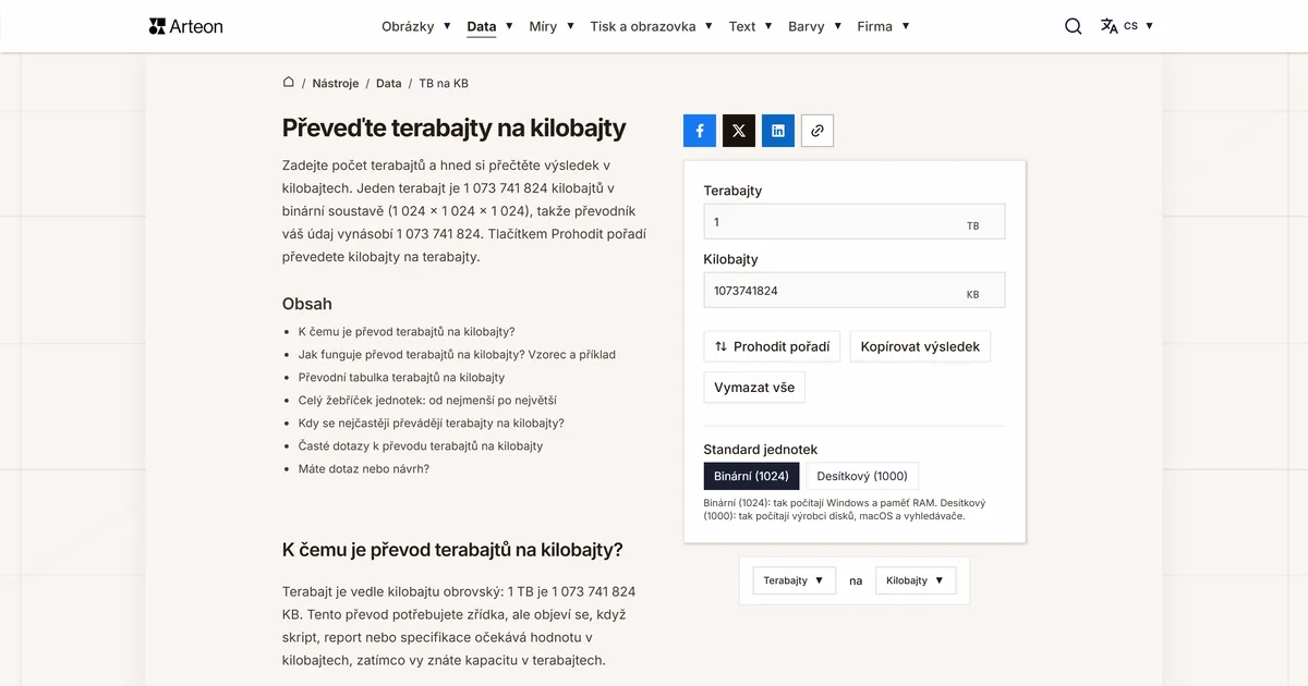 Snímek obrazovky bezplatného nástroje Arteon: Převeďte terabajty na kilobajty