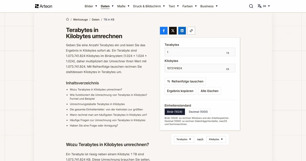 Screenshot des kostenlosen Arteon-Werkzeugs: Terabytes in Kilobytes umrechnen