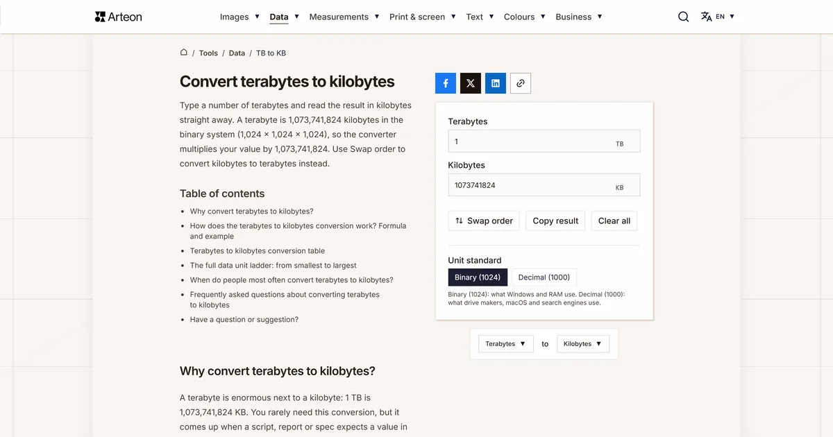Arteon free tool screenshot: Convert terabytes to kilobytes