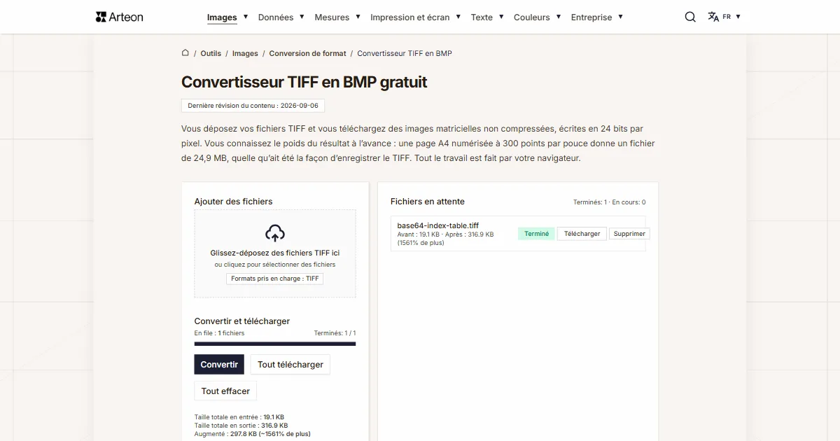 Capture d'écran de l'outil gratuit d'Arteon: Convertisseur TIFF en BMP gratuit