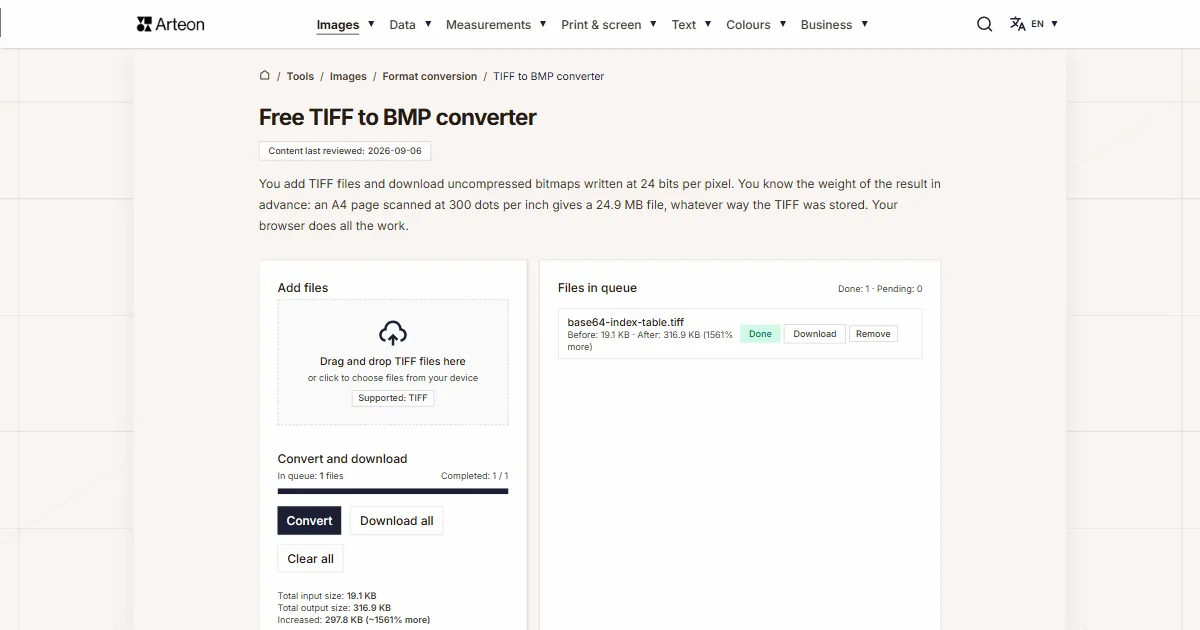 Arteon free tool screenshot: Free TIFF to BMP converter