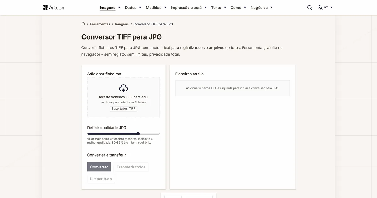 Captura de ecrã da ferramenta gratuita da Arteon: Conversor TIFF para JPG