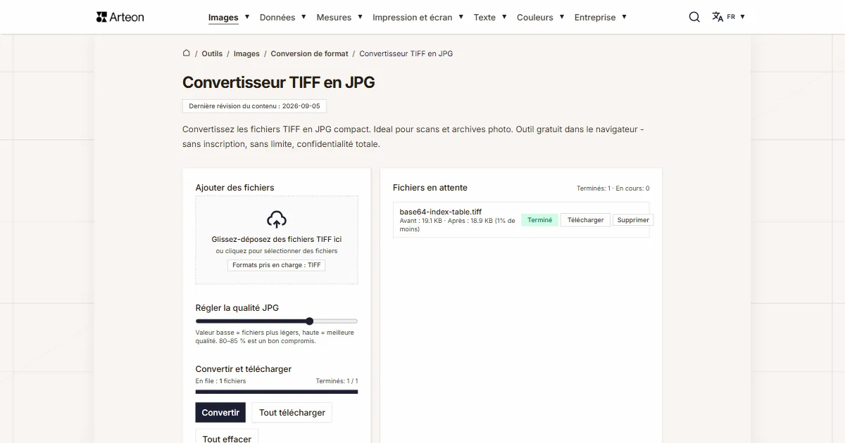 Capture d'écran de l'outil gratuit d'Arteon: Convertisseur TIFF en JPG