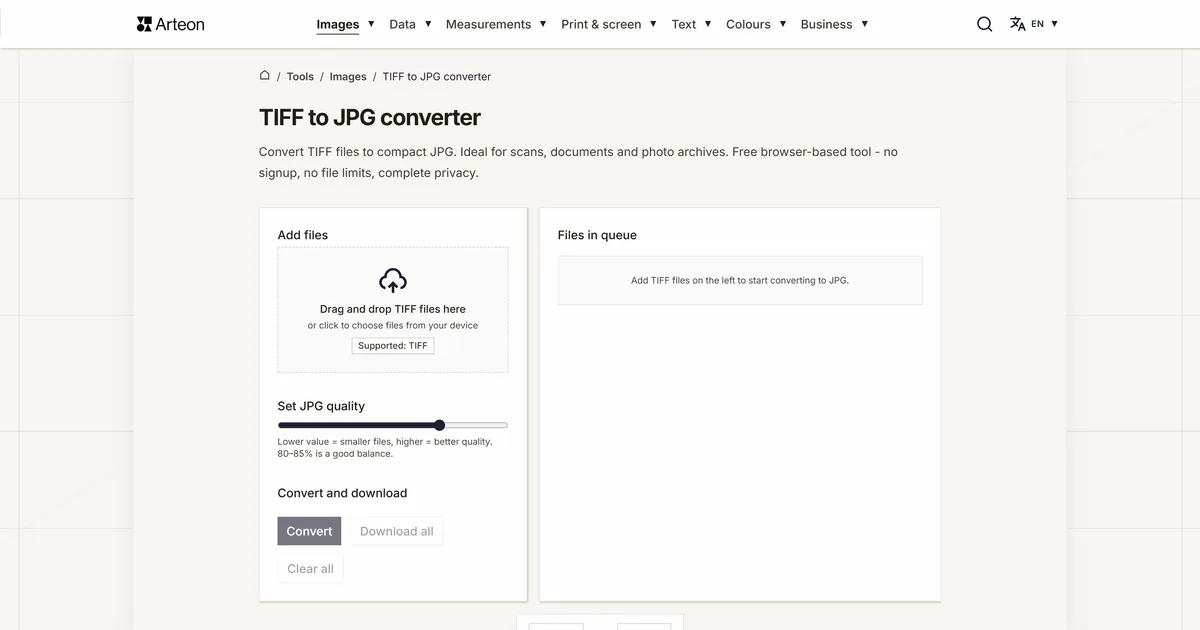 Arteon free tool screenshot: TIFF to JPG converter