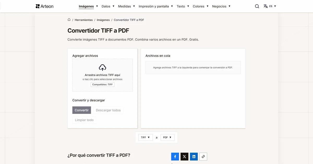 Captura de pantalla de la herramienta gratuita de Arteon: Convertidor TIFF a PDF