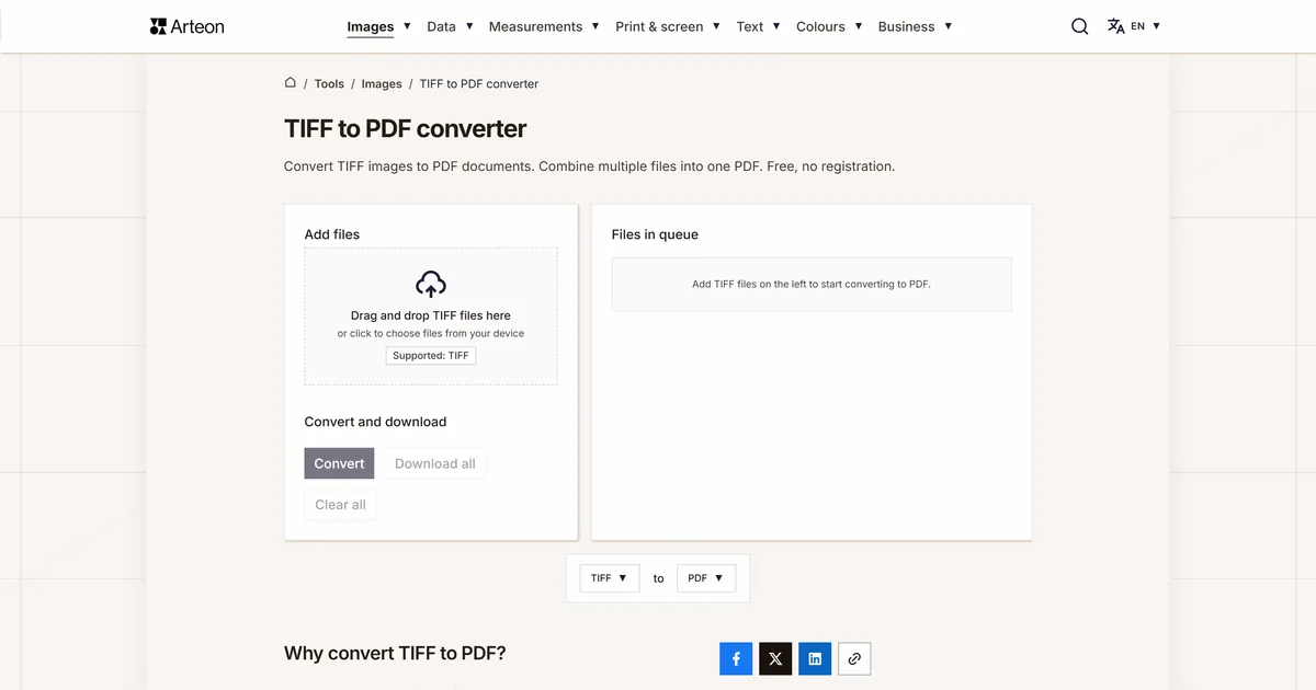 Arteon free tool screenshot: TIFF to PDF converter