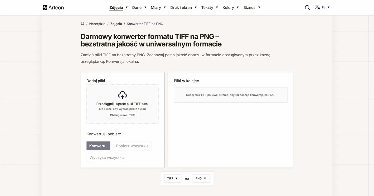 Zrzut ekranu darmowego narzędzia Arteon: Darmowy konwerter formatu TIFF na PNG – bezstratna jakość w uniwersalnym formacie