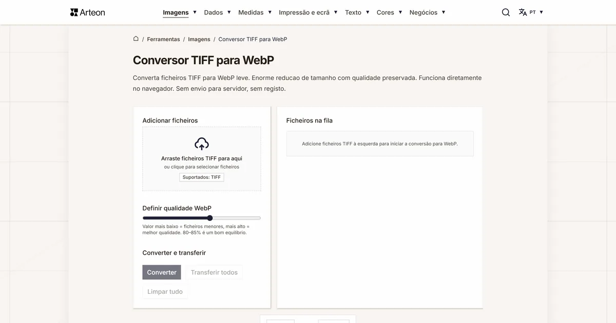 Captura de ecrã da ferramenta gratuita da Arteon: Conversor TIFF para WebP