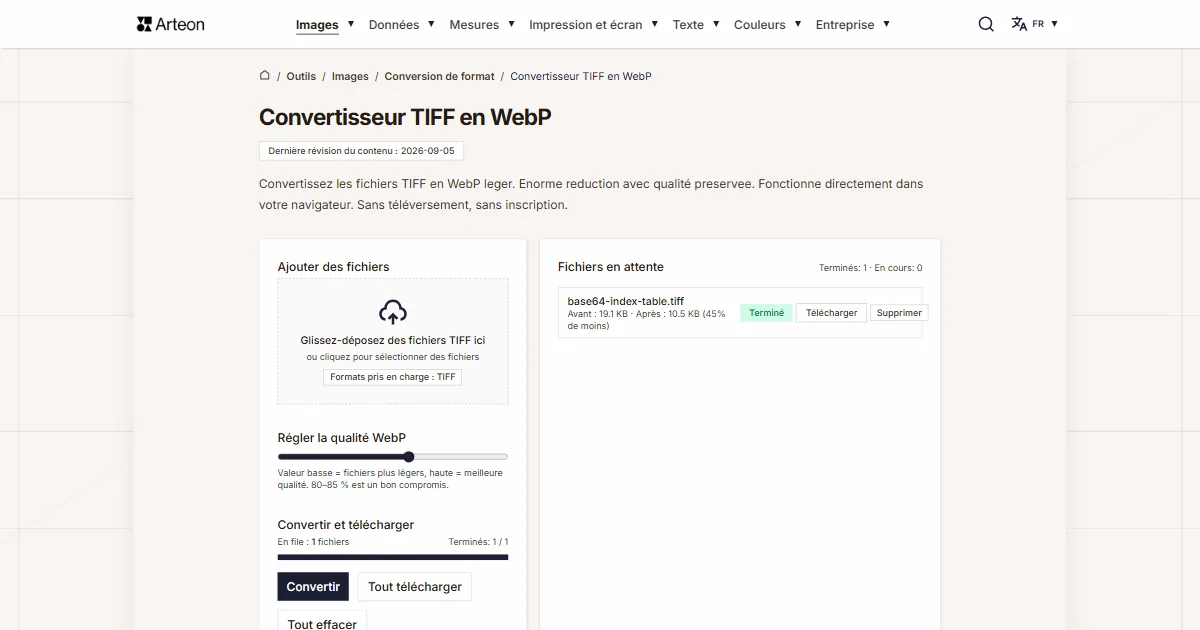 Capture d'écran de l'outil gratuit d'Arteon: Convertisseur TIFF en WebP