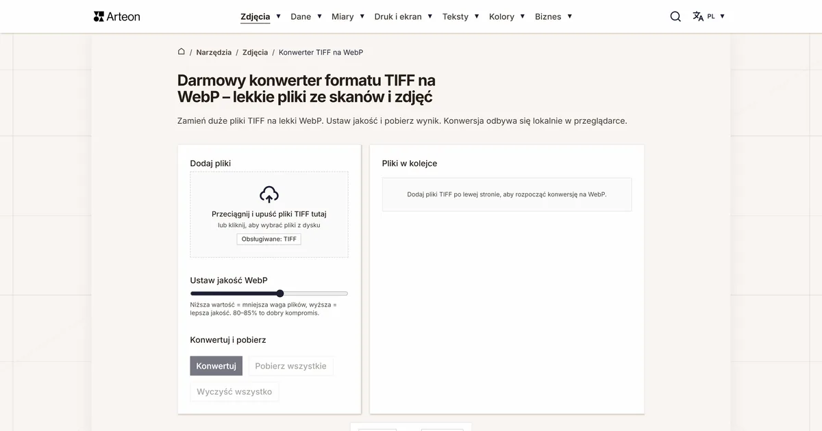 Zrzut ekranu darmowego narzędzia Arteon: Darmowy konwerter formatu TIFF na WebP – lekkie pliki ze skanów i zdjęć
