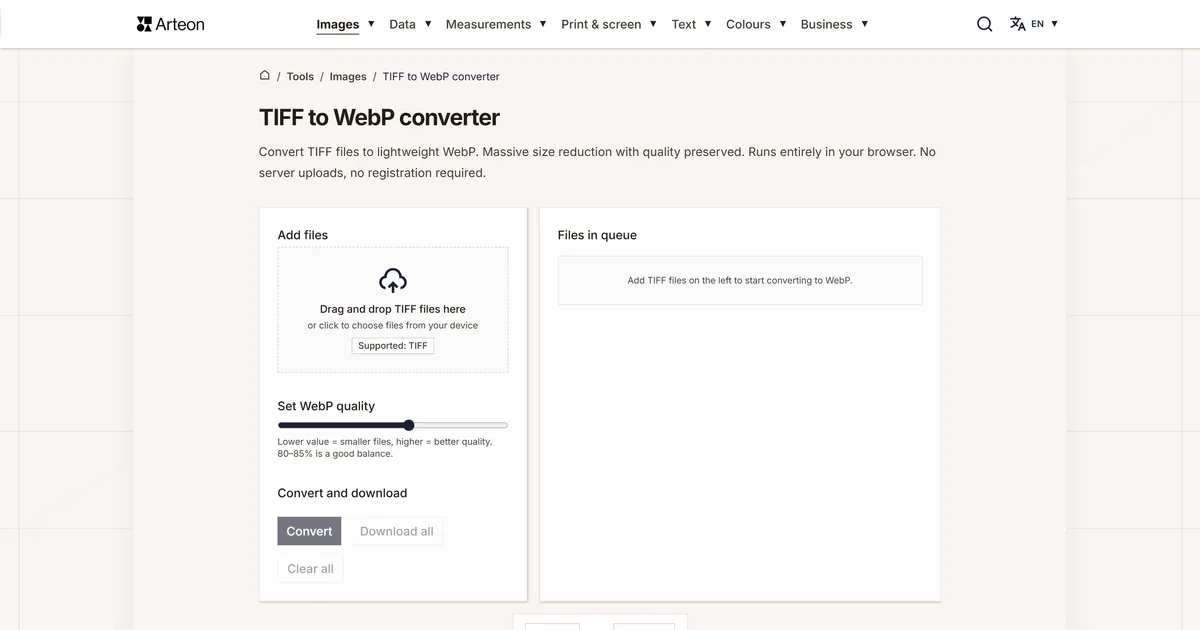 Arteon free tool screenshot: TIFF to WebP converter