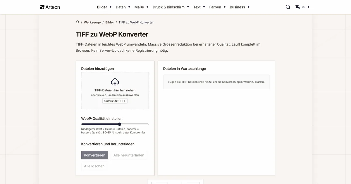 Screenshot des kostenlosen Arteon-Werkzeugs: TIFF zu WebP Konverter