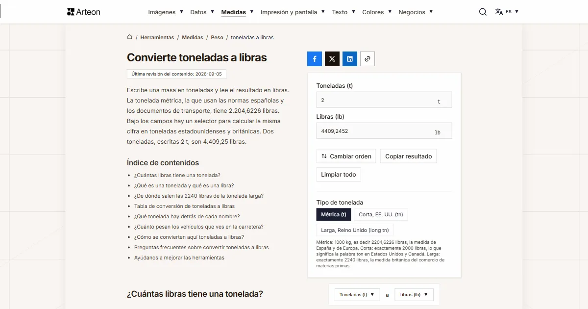 Captura de pantalla de la herramienta gratuita de Arteon: Convierte toneladas a libras