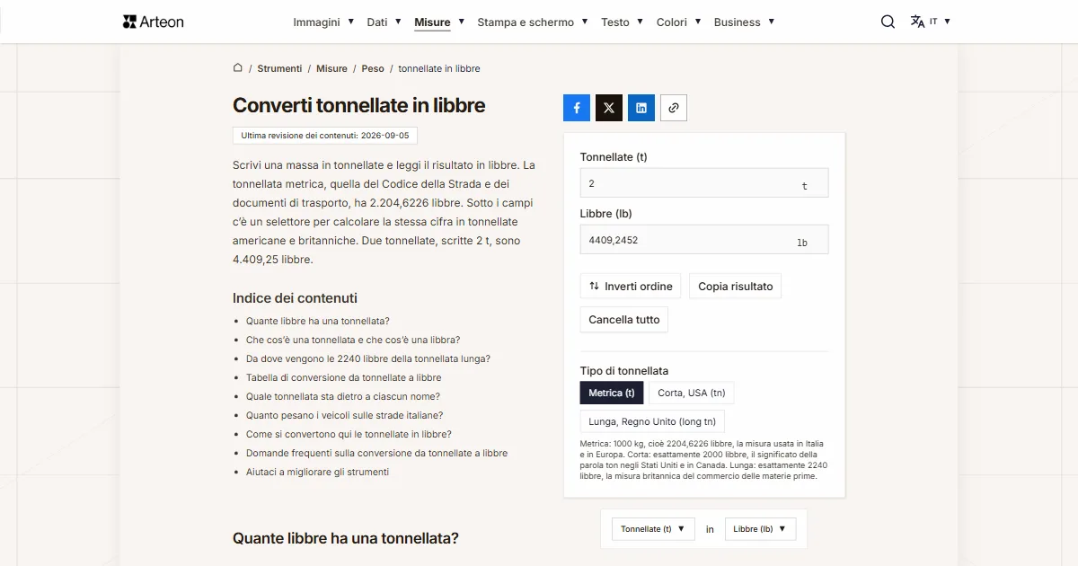 Screenshot dello strumento gratuito Arteon: Converti tonnellate in libbre
