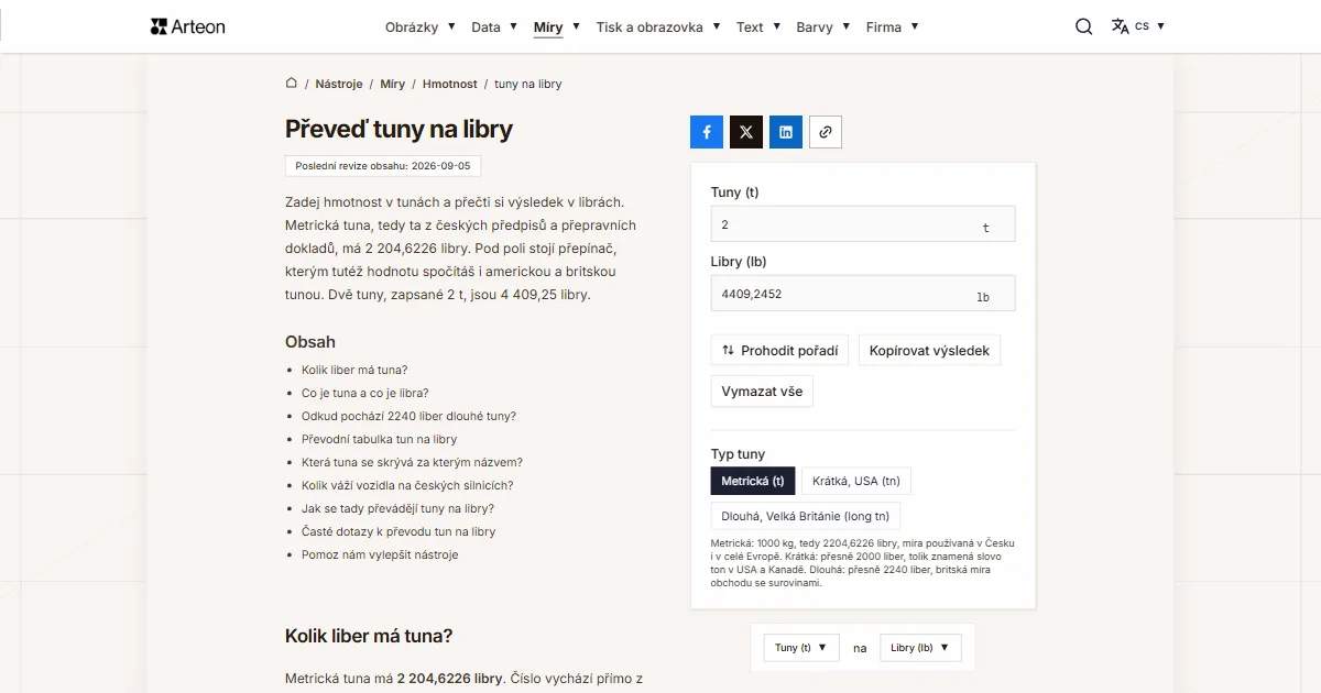 Snímek obrazovky bezplatného nástroje Arteon: Převeď tuny na libry